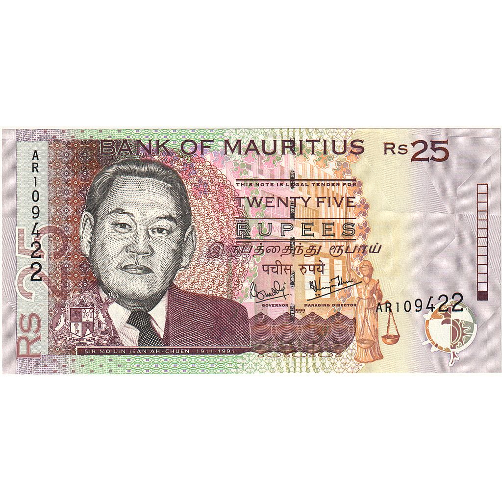 Bankovka,
Mauricius,
25 rupií