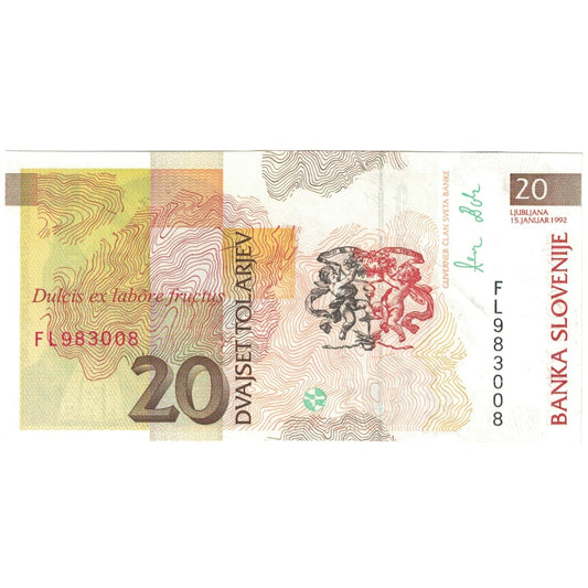 Bankovka,
Slovinsko,
20 Tolarjev