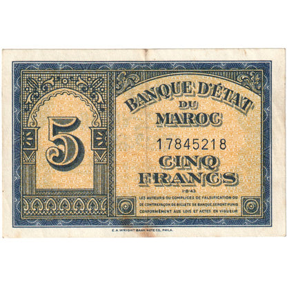 Maroko, 
  
  5 franků, 
  
  1943