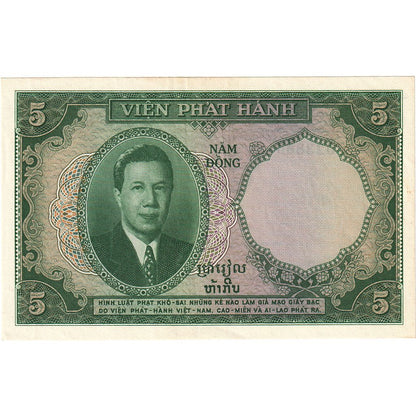 Bankovka, 
  
  FRANCOUZSKÁ INDO-ČÍNA, 
  
  5 Piastrů = 5 Dongů