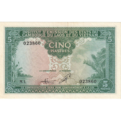 Bankovka, 
  
  FRANCOUZSKÁ INDO-ČÍNA, 
  
  5 Piastrů = 5 Dongů